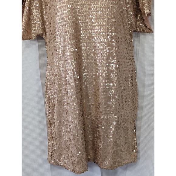 AS U WISH! SHIMMERY BEIGE/TAN STRETCH KNIT SEQUINNED PEEP SHOULDER DRESS! SZ XXL - Picture 4 of 10